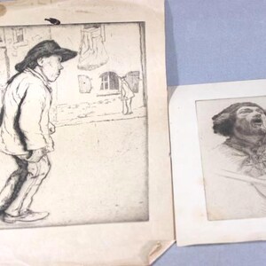 May include: Two black and white ink drawings on paper. The left drawing depicts a person in a hat walking past a building. The right drawing shows a person with a beard looking upward while playing a stringed instrument, possibly a lute or mandolin.