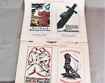 May include: Four vintage World War II era propaganda posters promoting German war bonds. The posters feature bold graphic designs and text in German. The posters are printed on white paper with black, red, and blue ink. The posters are in good condition with some minor wear and tear.