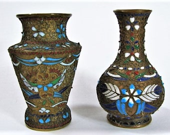 2 French Champleve Vases - Floral and Foliate Designs - ca 1910