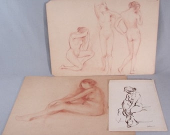 3 Original Drawings, Ink and Colored Pencil, Signatures, Early to Mid 20th Century