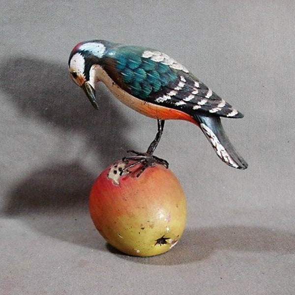 Marvelous Carved Woodpecker and Apple, Lifelike with Great Paint Surface
