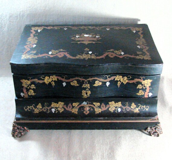 Antique Boule Inlaid Wood Jewelry Box, Lift Top with … Gem