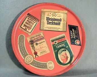 Vintage German Beer Liquor Tray with Applied Labels from Bottles, Orange Tray, Paper Labels.