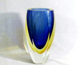 Sommerso Vase Flavio Poli, Murano Italy, Blue and Yellow in Clear, 1960s Art Glass