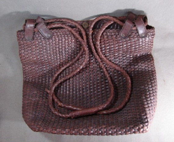 Huge J Peterman Woven Leather Tote Bag, Deep Brow… - image 2