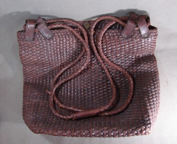 Huge J Peterman Woven Leather Tote Bag Deep Brown Intrecciato
