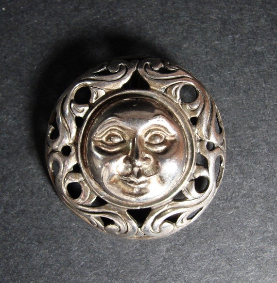 Sterling Silver Sun or Moon Face Brooch, Signed, S