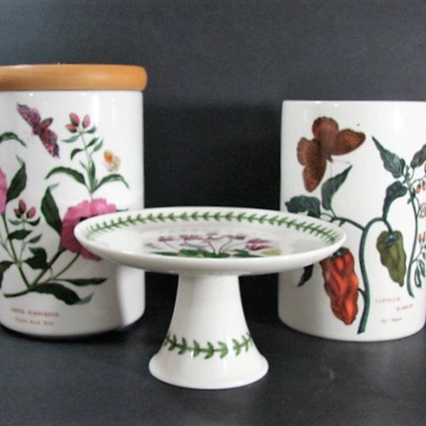 Portmeirion Canisters and Tazza, Botanic Garden, Cyclamen, Red Pepper, Rock Rose, Varied Backstamps from 1972