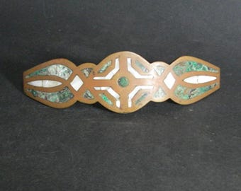 Los Castillo Brass Door Handle, Shell and Stone Inlay, Taxco Mexico, Mid 20th Century