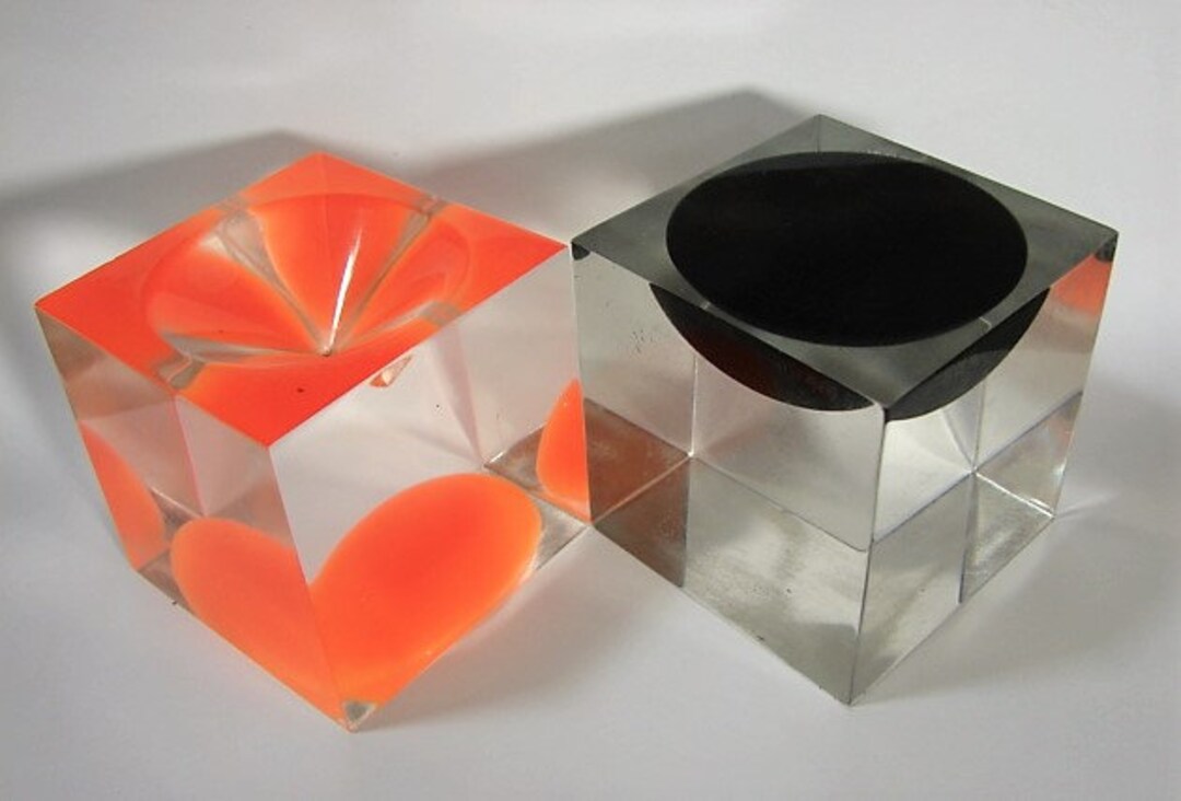 MCM Lucite Cubes, Enzo Mari Style, Clear With Black and MCM Lucite Cubes, Enzo Mari Style, Clear With Black and