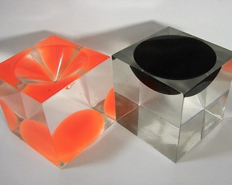 MCM Lucite Cubes, Enzo Mari Style, Clear with Black and Orange, Op Art Designs, ca 1960