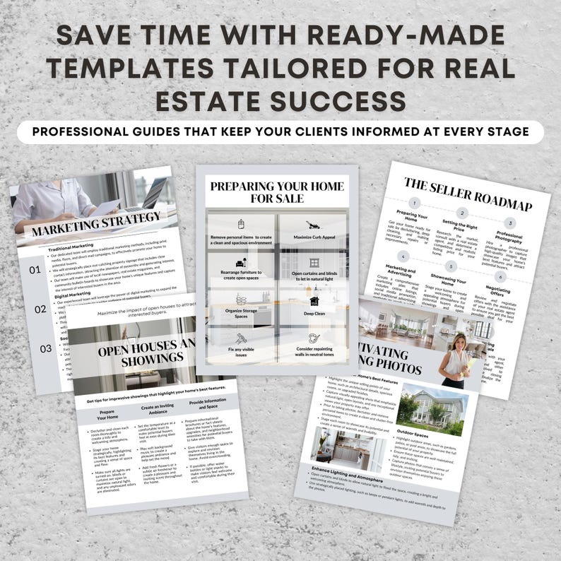 May include: A set of four printable guides for real estate agents. The guides are titled "Marketing Strategy", "Preparing Your Home for Sale", "The Seller Roadmap", and "Motivating Home Photos". Each guide includes a checklist of steps to take to successfully sell a home.