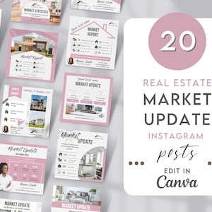 Puede incluir: Un conjunto de 20 publicaciones de Instagram en rosa y blanco para actualizaciones del mercado inmobiliario. Las publicaciones incluyen estadísticas, informes y actualizaciones del mercado, con el texto "Edit in Canva."