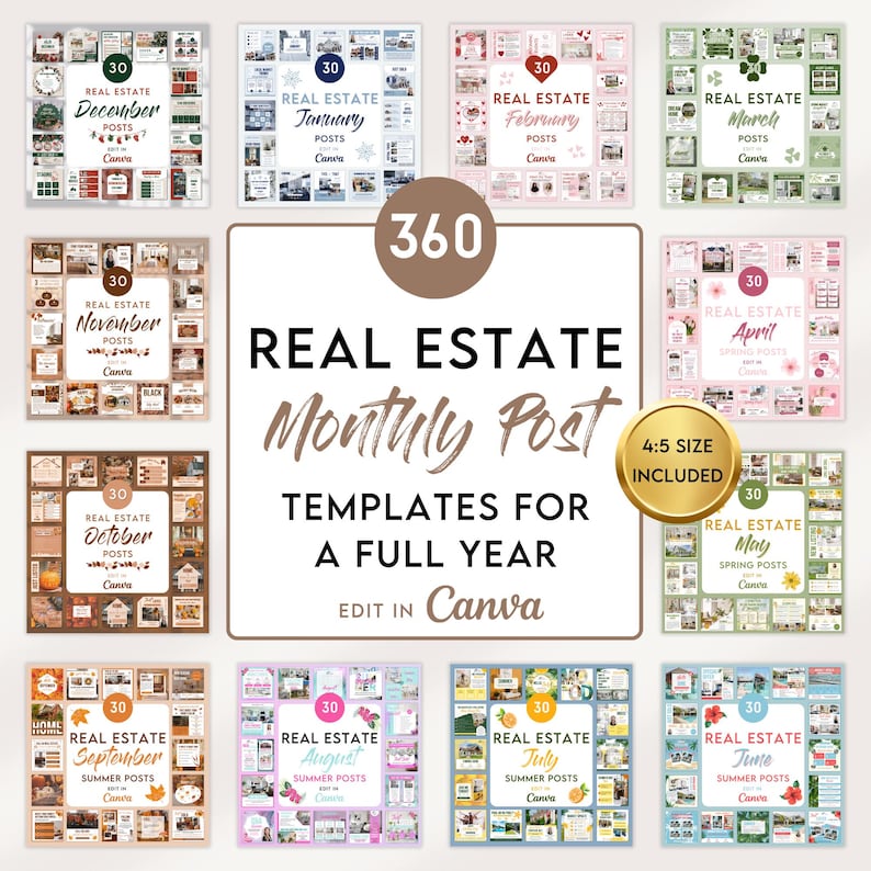 Real Estate Instagram Posts Bundle, Realtor Full Year Posts Bundle, 12 Monthly Realtor Social Media Posts , Editable Canva Post Template image 1