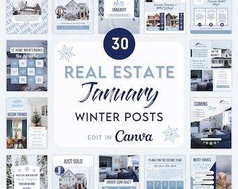 May include: A set of 30 real estate marketing templates for January, with winter themes. The templates include designs for listings, market trends, home maintenance tips, and decor trends. The text "Edit in Canva" is also included.