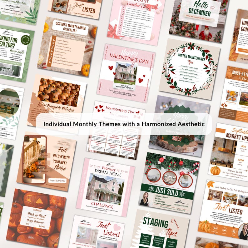 May include: A collage of colorful social media graphics for a real estate agent. The graphics feature seasonal themes, such as pumpkins, hearts, and snowflakes, and include text such as "Just Listed", "Happy Valentine's Day", and "Winter Maintenance Tips".