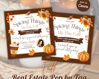 May include: Two 3.5 x 3.5 inch social media templates with a fall theme. The templates feature a brown background with fall leaves, a pumpkin, and a cup of coffee. The text on the templates reads "Spicing Things Up This Fall!" and includes a space for a real estate agent's name, contact information, and website.