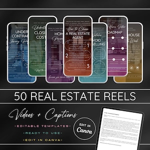 Pode incluir: Um conjunto de 50 modelos de carretel de vídeo imobiliário com legendas. Os modelos são editáveis e prontos para usar no Canva. A imagem mostra uma coleção de telas de telefone com diferentes tópicos imobiliários, como "Entender os custos de fechamento", "Como escolher um agente imobiliário", "Erros a evitar ao vender" e "Roteiro do vendedor".