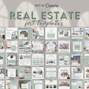 May include: A collage of 25 social media post templates for real estate agents. The templates feature a green and white color scheme with images of houses, text, and graphics. The text includes phrases like "Just Listed", "New Listing", "Sold", "Market Report", "Q&A", and "Happy Client Checklist".