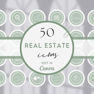Puede incluir: Un conjunto de 50 iconos inmobiliarios verdes y blancos para redes sociales. Los iconos presentan varios símbolos relacionados con el sector inmobiliario, como casas, llaves y gráficos. El texto "50 REAL ESTATE icons EDIT IN Canva" se muestra en el centro de la imagen.