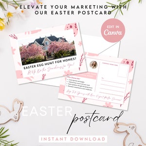 Cartolina immobiliare di Pasqua, modello di cartolina per agente immobiliare di auguri di Pasqua, marketing immobiliare primaverile, modello Canva E2