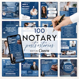 May include: A collage of 100 social media posts and stories for a notary public business. The images feature blue and white color schemes with text that includes "Notary Services", "What Documents Can I Notarize?", "Notary Public", and "Mobile Notary Services". The text "100 Notary Posts + Stories Edit in Canva" is in large white letters on a blue background.