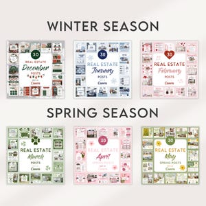 May include: A set of six printable social media post templates for real estate agents. The templates are organized by season, with winter, spring, summer, and fall themes. Each template features a different color scheme and design, and includes space for text and images. The templates are designed to help real estate agents promote their services and connect with potential clients.