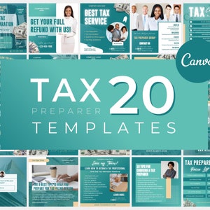 May include: A collection of 20 teal and white social media templates for tax preparers. The templates feature text such as "Tax Preparer", "Get Your Full Refund With Us!" and "Best Tax Service".