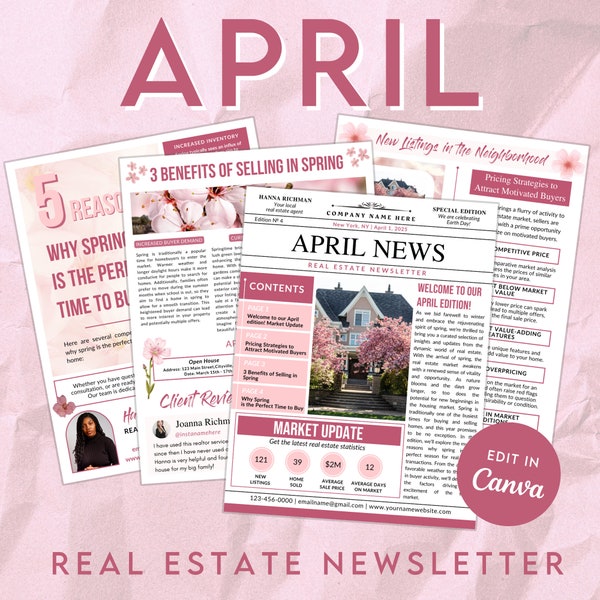 Spring Real Estate Newsletter, April Realtor Marketing Newsletter, Spring Newsletter, April Flyer, Editable Canva Template W04