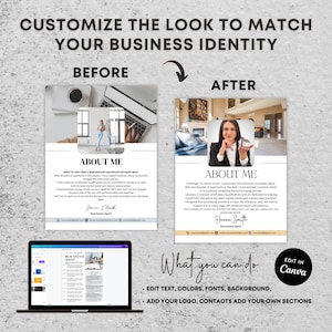 May include: Before and after images of a real estate agent's "About Me" page. The before image is a simple design with a photo of the agent in front of a laptop. The after image is a more modern design with a photo of the agent holding a house model. The text "What you can do" is displayed below the images, along with a list of customization options, including editing text, colors, fonts, background, adding a logo, contacts, and adding your own sections. The text "Edit in Canva" is displayed in the upper right corner.