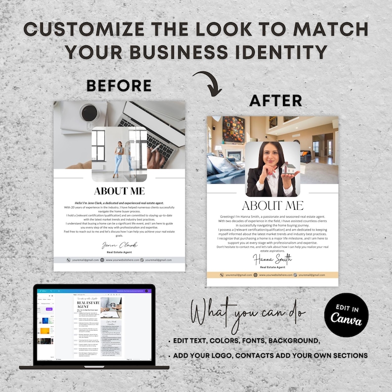 May include: Before and after images of a real estate agent's "About Me" page. The before image is a simple design with a photo of the agent in front of a laptop. The after image is a more modern design with a photo of the agent holding a house model. The text "What you can do" is displayed below the images, along with a list of customization options, including editing text, colors, fonts, background, adding a logo, contacts, and adding your own sections. The text "Edit in Canva" is displayed in the upper right corner.