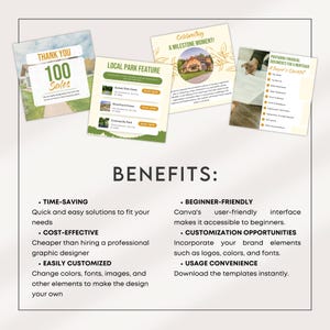 May include: A graphic design template with the text "BENEFITS:" and a list of benefits for using Canva. The benefits include time-saving, cost-effective, easily customized, beginner-friendly, customization opportunities, and usage convenience.