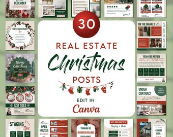 May include: A collection of 30 Christmas-themed social media posts for real estate agents. The posts feature festive imagery, such as wreaths, ornaments, and stockings, and include tips for selling homes during the holiday season. The text on the posts includes phrases like "Just Listed", "Open Houses", and "Thinking of Buying or Selling Your Home?" The posts are designed to be edited in Canva.