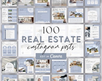 May include: A collage of 100 Instagram post templates for real estate agents. The templates are in a light blue and white color scheme and feature images of houses, text, and graphics. The text on the templates includes phrases like "Just Listed", "Open House", and "Market Trends". The templates are designed to be used on Instagram to promote real estate listings, services, and events.
