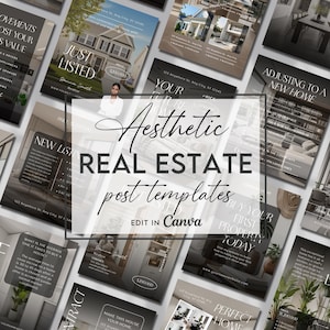 May include: A selection of aesthetic real estate post templates, designed for use in Canva. The templates feature images of houses, interior design, and text overlays with phrases like "Just Listed" and "Perfect Home".