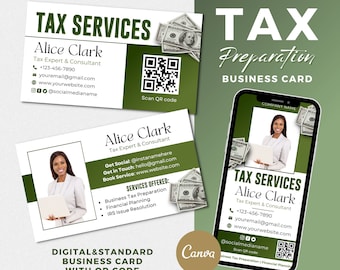 May include: A green and white business card for a tax preparation service. The card features a photo of a woman, the business name "Tax Services Alice Clark", contact information, and a QR code. The text "Tax Preparation Business Card" is displayed in a larger font at the top of the card.