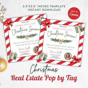 Könnte beinhalten: Eine rot-weiß gestreifte Weihnachtskarte mit einer grün-weißen Geschenkbox, einem grünen Kranz mit roten Schleifen und dem Text "Wishing you a cozy Christmas Season!"  May your days be merry, and your real estate dreams come true!"  Hanna Smith, Immobilienmaklerin, 123-456-0000, www.yourwebsite.com