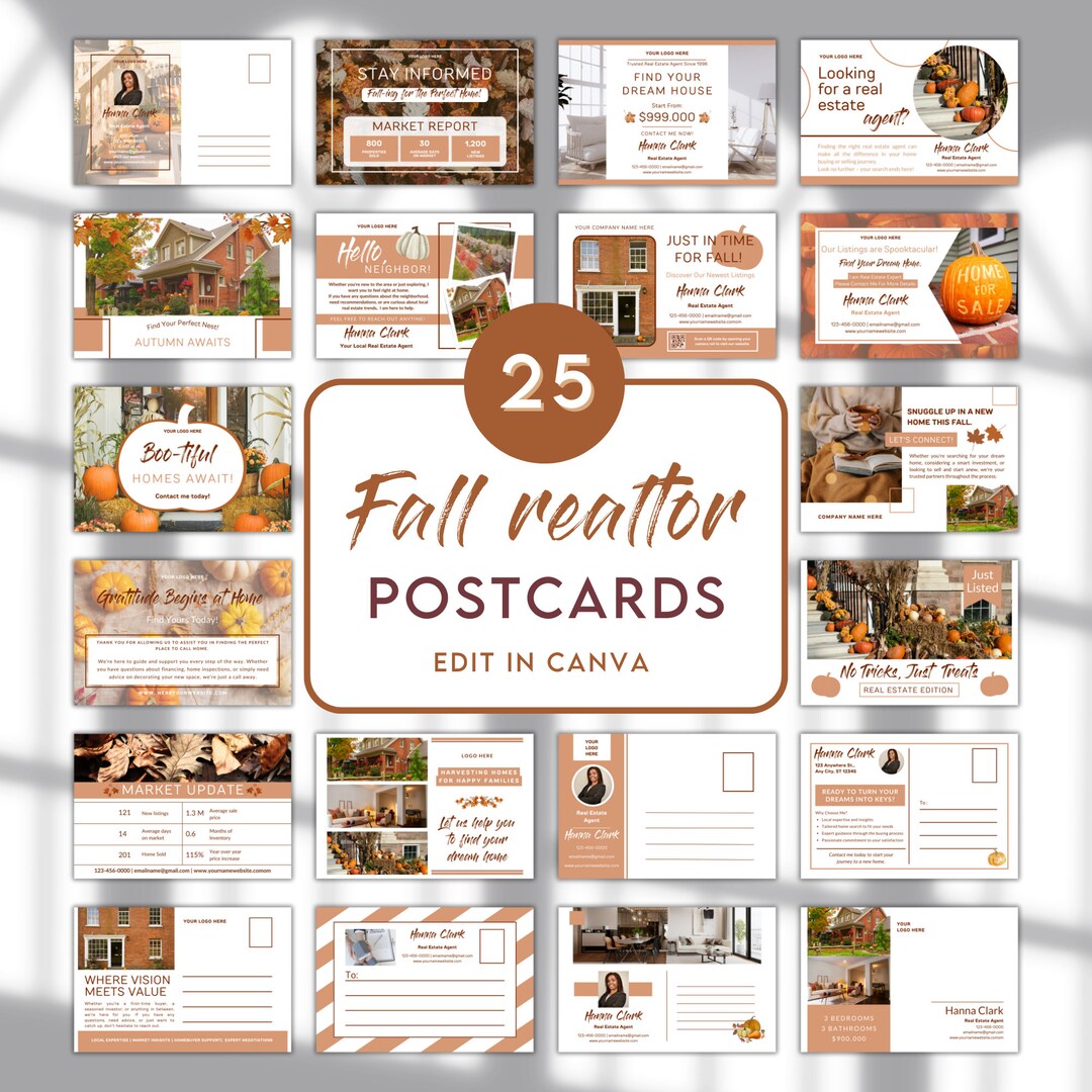 Fall Real Estate Postcards Templates, 25 Realtor Postcards Bundle, Fall