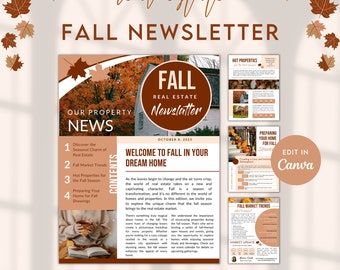 Real Estate Fall Newsletter, Realtor Fall Marketing Newsletter, Property Fall Newsletter, Fall edition, Editable Newsletter Template F1