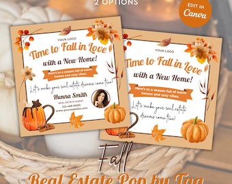 May include: Two 3.5 x 3.5 inch real estate marketing templates with a fall theme. The templates feature a watercolor illustration of pumpkins, leaves, and berries. The text on the templates reads "Time to Fall in Love with a New Home!" and includes a space for a real estate agent's logo, name, contact information, and website.