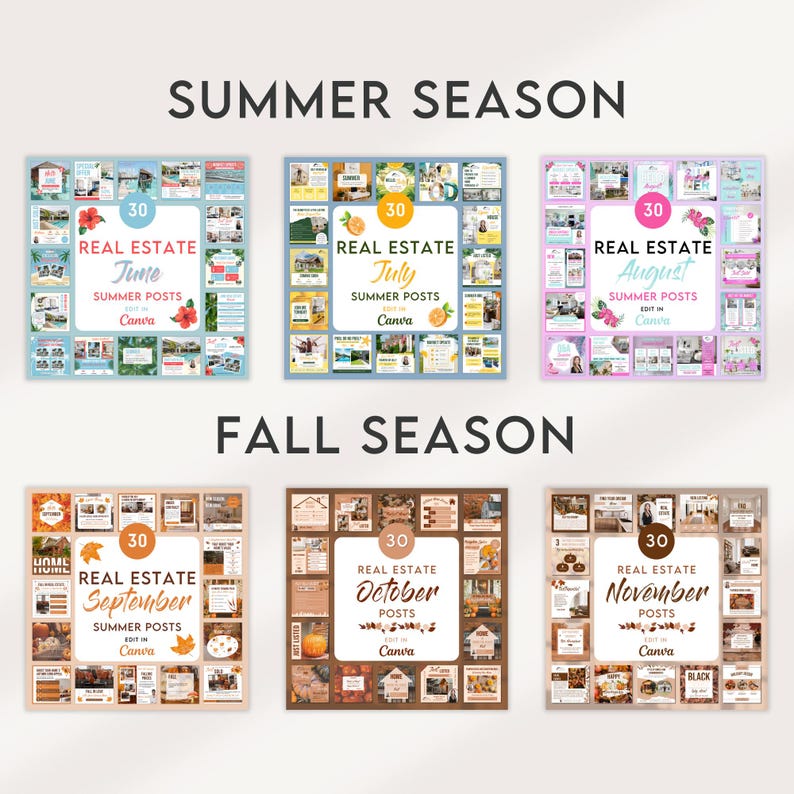 May include: A set of six printable social media post templates for real estate agents. The templates are designed for each month of the summer and fall seasons. Each template features a different color scheme and design, with images of homes, landscapes, and seasonal elements. The templates are labeled with the month and the words "Real Estate" and "Summer Posts" or "Fall Posts".