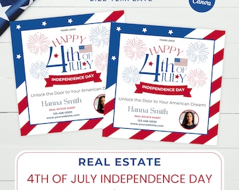 May include: A 3.5 x 3.5 inch template for a real estate 4th of July Independence Day postcard. The design features a red, white, and blue American flag pattern, fireworks, and the text "Happy 4th of July Independence Day".