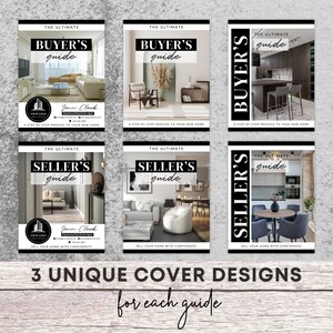 May include: Three different cover designs for real estate guides. The covers feature interior design photos of living rooms, kitchens, and dining rooms. The text on the covers reads "The Ultimate Buyer's Guide" and "The Ultimate Seller's Guide".