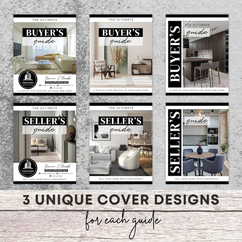 May include: Three different cover designs for real estate guides. The covers feature interior design photos of living rooms, kitchens, and dining rooms. The text on the covers reads "The Ultimate Buyer's Guide" and "The Ultimate Seller's Guide".