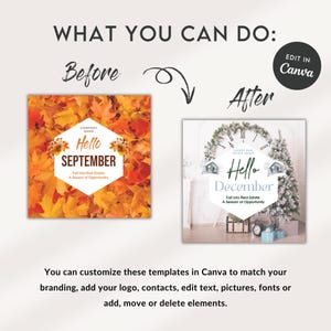 May include: Before and after image showing a customizable social media post template for real estate agents. The before image features a background of autumn leaves with the text "Hello September" and "Fall into Real Estate: A Season of Opportunity". The after image features a winter scene with a clock, a house, and a Christmas tree with the text "Hello December" and "Fall into Real Estate: A Season of Opportunity".