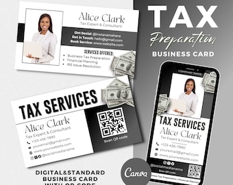 May include: Black and white business card for a tax preparation service. The card features a photo of a woman, the business name "Tax Services", the business owner's name "Alice Clark", and contact information. A QR code is included on the card.