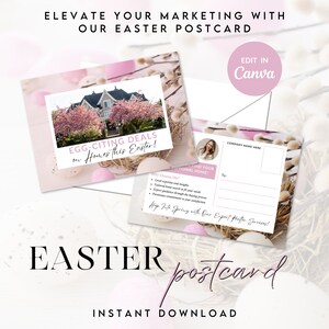 Cartolina immobiliare di Pasqua, modello di cartolina per agente immobiliare di auguri di Pasqua, marketing immobiliare di Pasqua, modello Canva E1