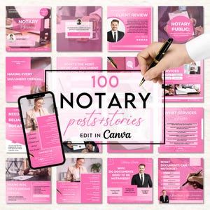 Notary Social Media Post bundle, Notary Instagram Posts and Story Templates, Mobile Notary Services, Pink Notary Marketing, Canva Template