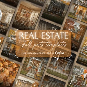 May include: A collection of Instagram post templates for real estate, featuring autumn-themed designs. The templates include images of houses, pumpkins, and text overlays such as "Just Listed" and "House for Sale". The text reads "Real Estate Fall posts templates".