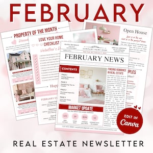 Boletín inmobiliario de febrero, Boletín de marketing de agentes inmobiliarios, Boletín del día de San Valentín, Folleto de febrero, Plantilla Canva editable W02